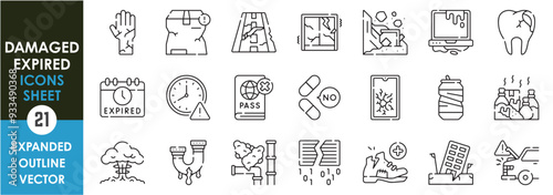 A set of line icons related to Damaged and Expired. Ruin, disaster, expire, outdated, hand, war, shatter, medicine, laptop, leak, shoe, and so on. Vector outline icons set.