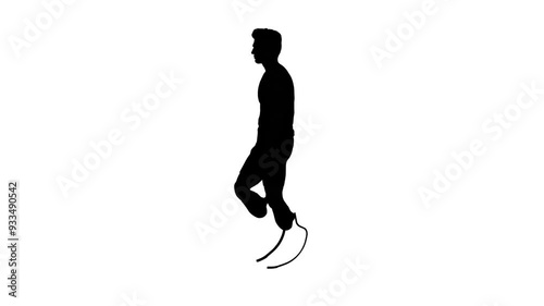 3D render : a walking male character with two prosthetic legs , side view