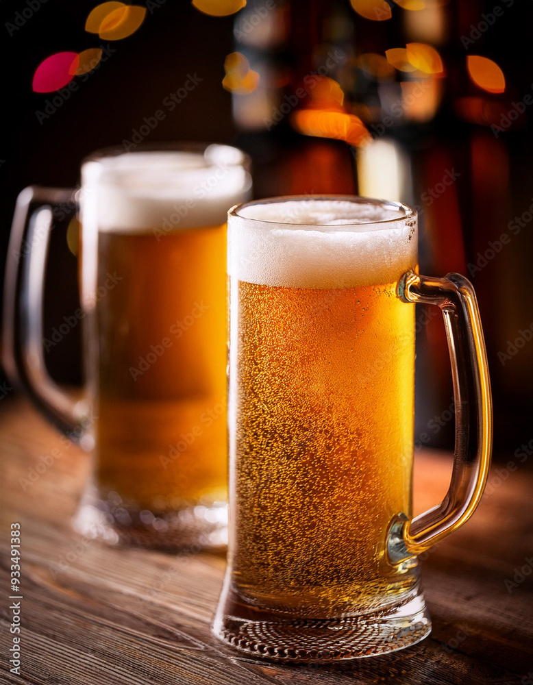 Glasses of beer on the table with dark barkground Glasses of beer on the table with dark barkground