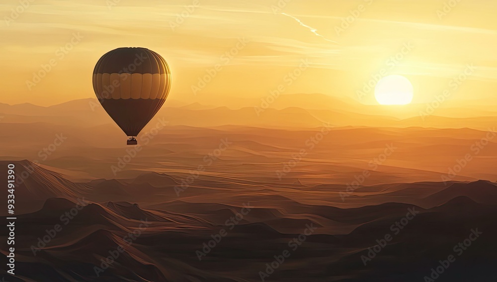 Fototapeta premium Hot air balloon flying over desert at sunset.