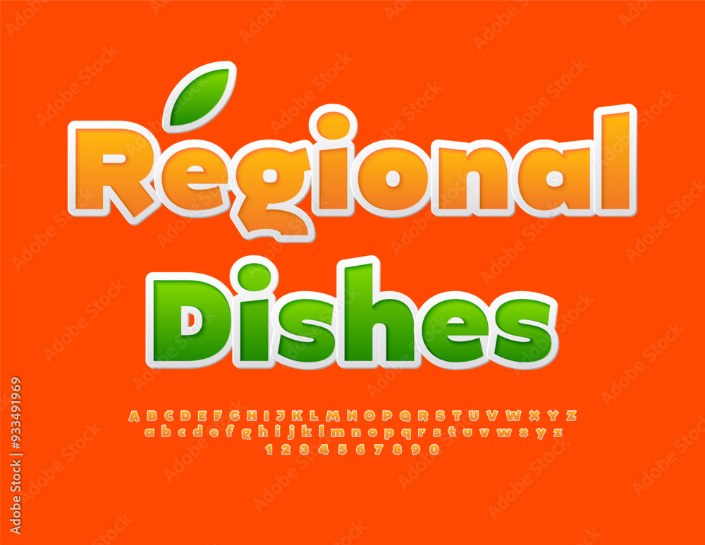 Naklejka premium Vector eco poster Regional Dishes. Trendy Orange Font. Bright Alphabet Letters and Numbers set.