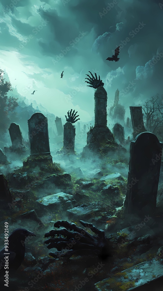 Scary graveyard in stormy scenery, halloween background
