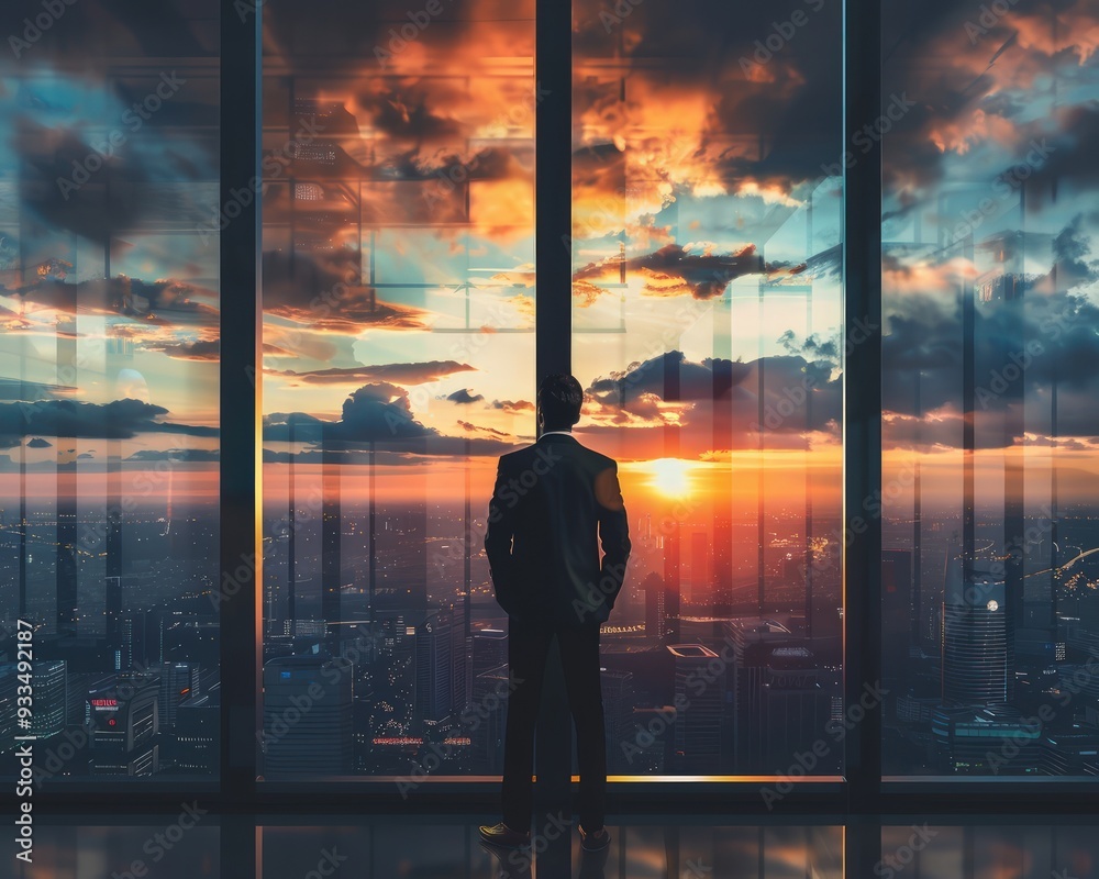 Businessman in office, city sunset view, panoramic window, business theme. Businessman in office, city sunset view, panoramic window, business theme.