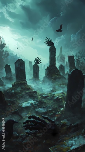 Obraz na płótnie Scary graveyard in stormy scenery, halloween background w salonie