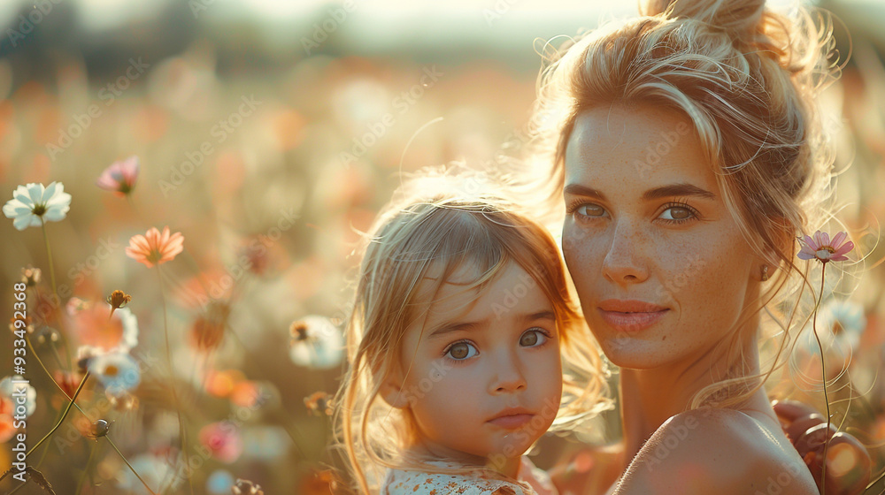A loving mother and child share a tender moment in a sun-drenched flower garden, radiating the warmth of Mother's Day. A loving mother and child share a tender moment in a sun-drenched flower garden, radiating the warmth of Mother's Day.