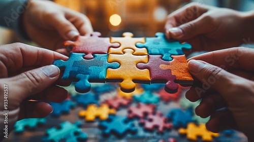 Diverse group of hands assembling a colorful vibrant jigsaw puzzle on a wooden table or desk symbolizing finding a successful solution through collective effort and of different perspectives