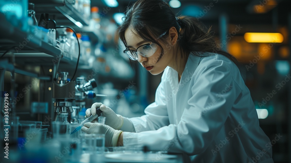 Focused female researcher intently examining sample under high powered microscope in modern clinical or scientific laboratory setting engaged in research discovery or analysis Focused female researcher intently examining sample under high powered microscope in modern clinical or scientific laboratory setting engaged in research discovery or analysis