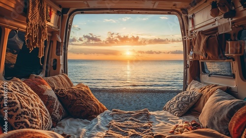 A serene beach sunset viewed from the back of a van, capturing the essence of van life with tranquil ocean scenery.
