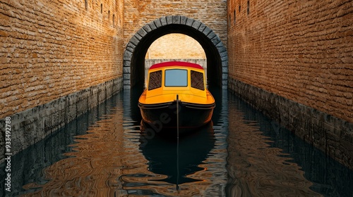 Colorful canal boat passing under an old stone bridge reflecting on calm water 3D illustration photo