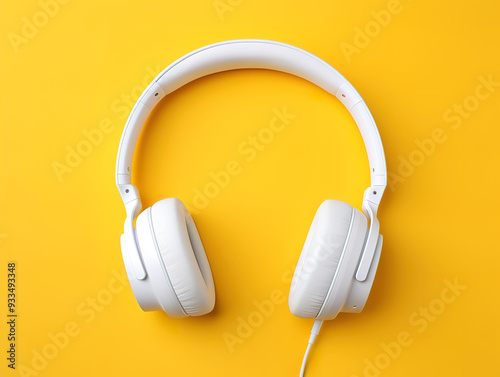 Superb White modern headphones and tablet on trending yellow backgound flat lay top view