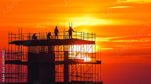 Silhouetted construction workers standing on scaffolding against a vibrant orange sunset sky symbolizing the progress vision and teamwork required for ambitious architectural and engineering projects