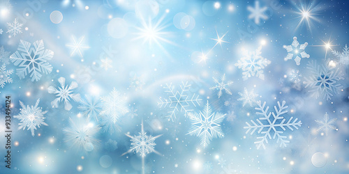 Delicate light blue winter snow background with white snowflakes flying in the air on a delicate watercolor background with white glitter, winter, elegant, shining background, sunlight