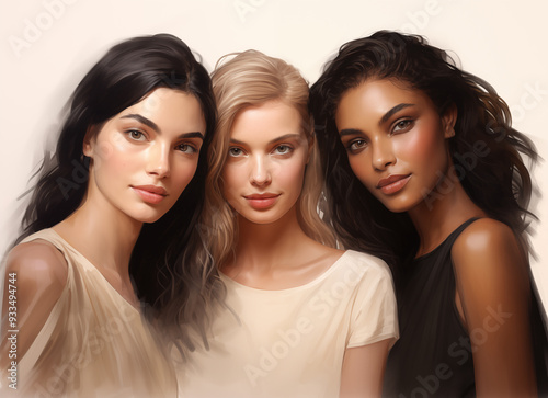 Three beautiful woman standing together. White blonde girl, black african american, latinoamercian spanish girls