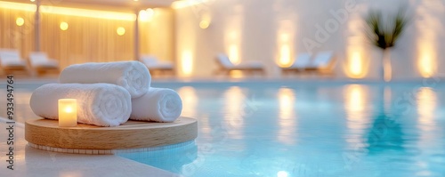 A spa s indoor pool area with wooden loungers, soft towels, and ambient lighting, creating a serene and calming space photo