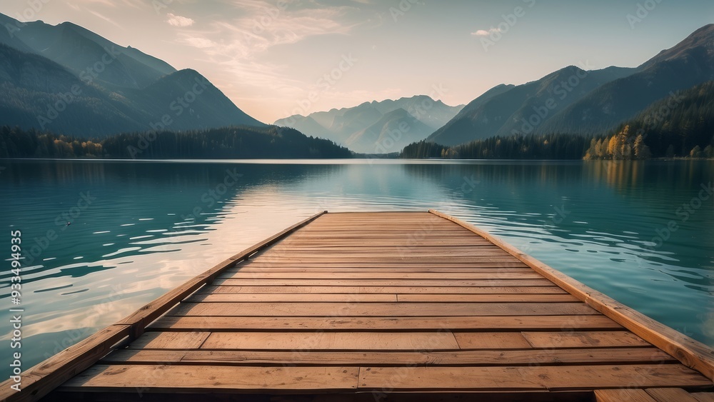 Wooden Dock Extending into a Mountain Lake Wooden Dock Extending into a Mountain Lake