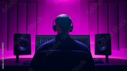 A music producer sits in a dimly lit studio with headphones on, working on a project. photo