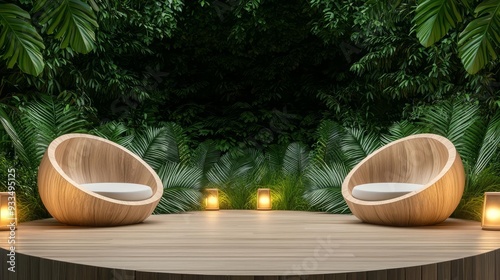 A spa s outdoor relaxation area with wooden deck chairs, lush greenery, and soft lighting, creating a peaceful retreat in nature photo