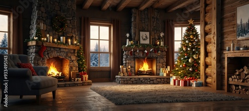 New year interior with Christmas tree, presents and fireplace in the house from a log. Postcard decorated christmas tree