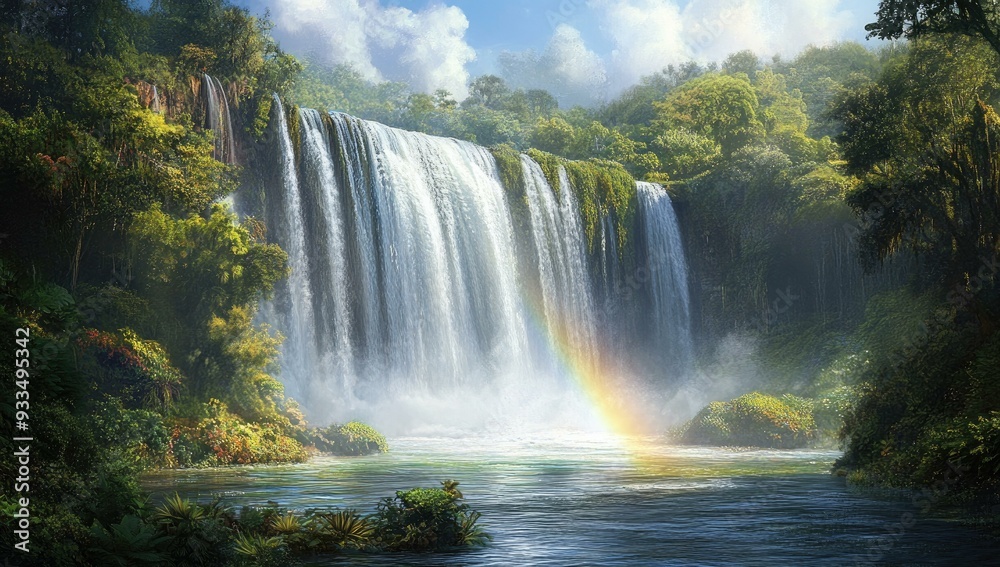 A rainbow arcing over a waterfall in a lush forest. A rainbow arcing over a waterfall in a lush forest.