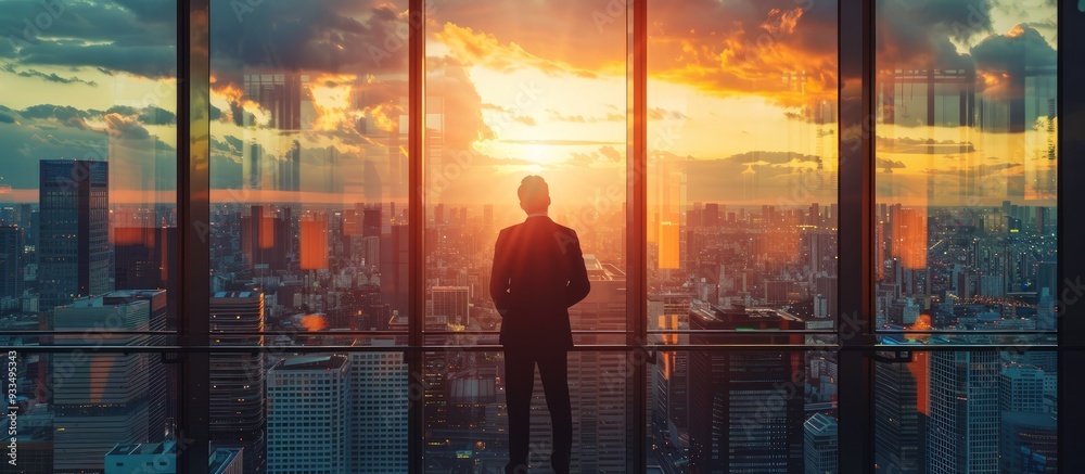 Businessman in office, panoramic city sunset view, window, business concept. Businessman in office, panoramic city sunset view, window, business concept.