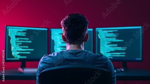 A programmer sits in front of three monitors displaying code, working late into the night.