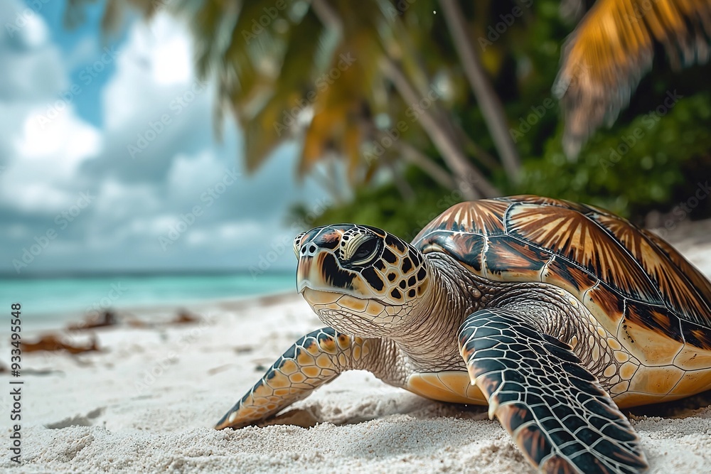 Obraz premium Sea Turtle resting on the shore near the ocean. Ai generative