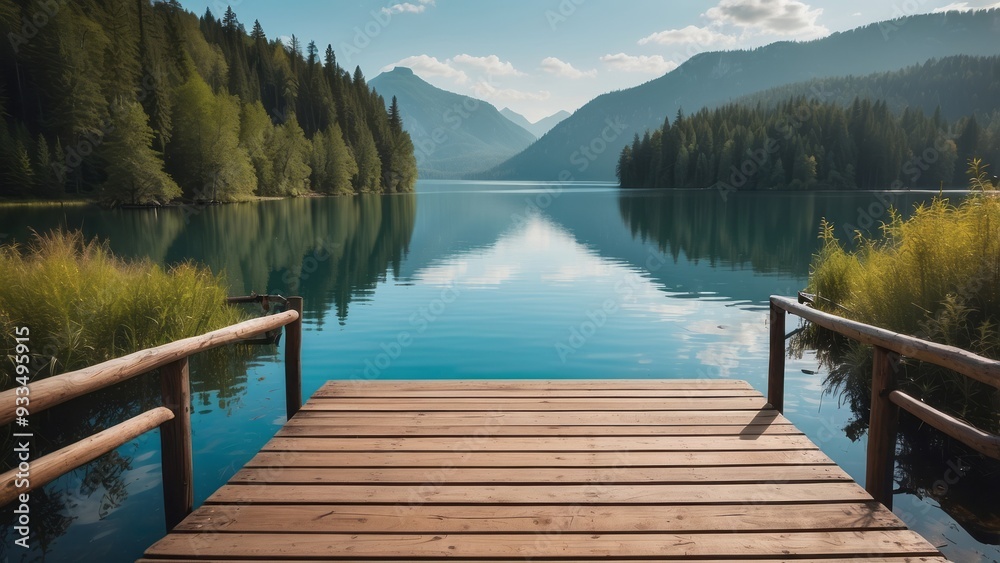 Wooden Dock Extending Over a Tranquil Mountain Lake Wooden Dock Extending Over a Tranquil Mountain Lake