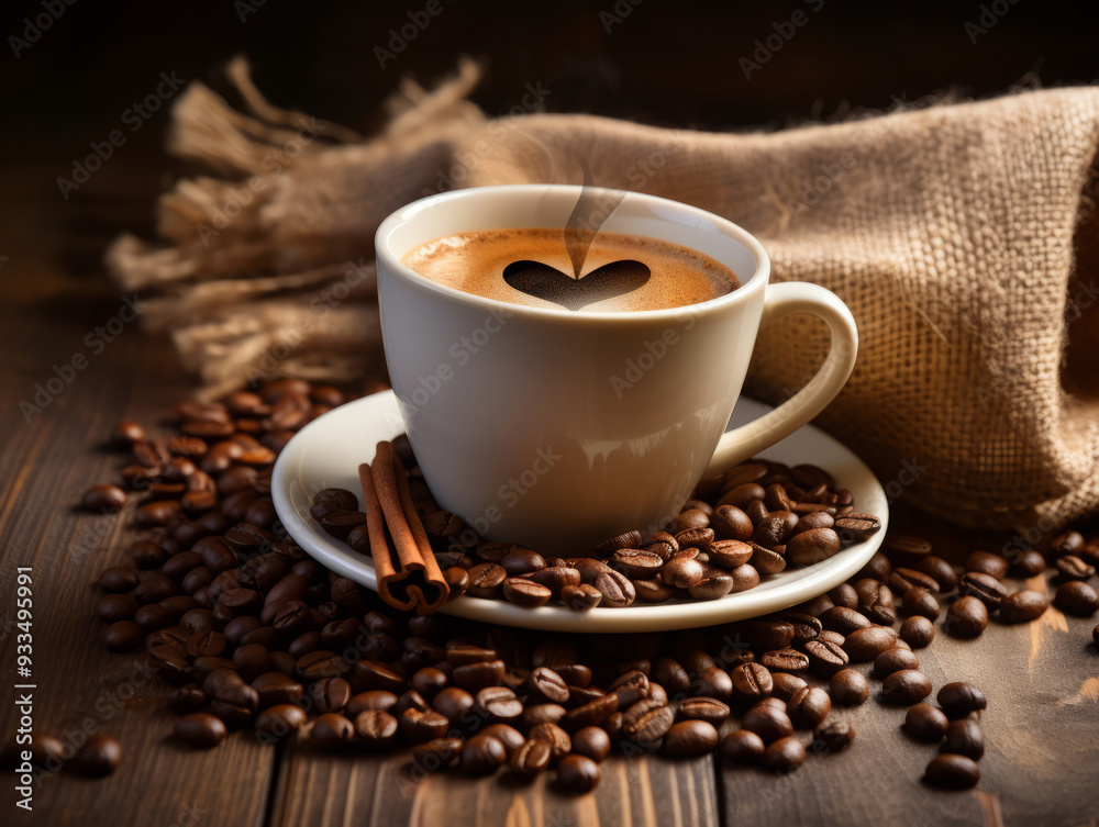 Generous, Cup of coffee with a heart on the plate Generous, Cup of coffee with a heart on the plate