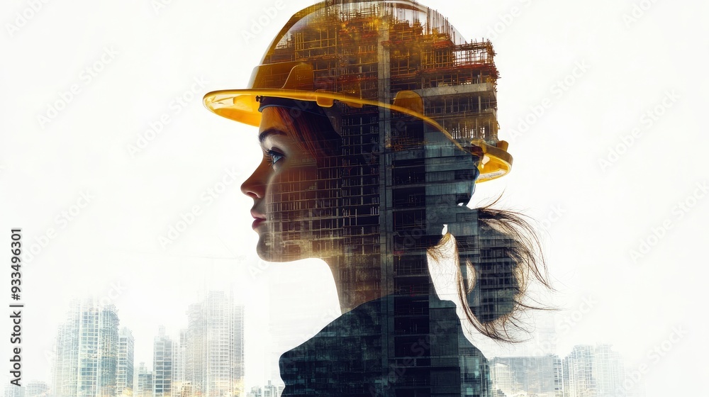Collage silhouette of a woman in profile in a yellow helmet, in a silhouette image of buildings under construction. with generative ai Collage silhouette of a woman in profile in a yellow helmet, in a silhouette image of buildings under construction. with generative ai