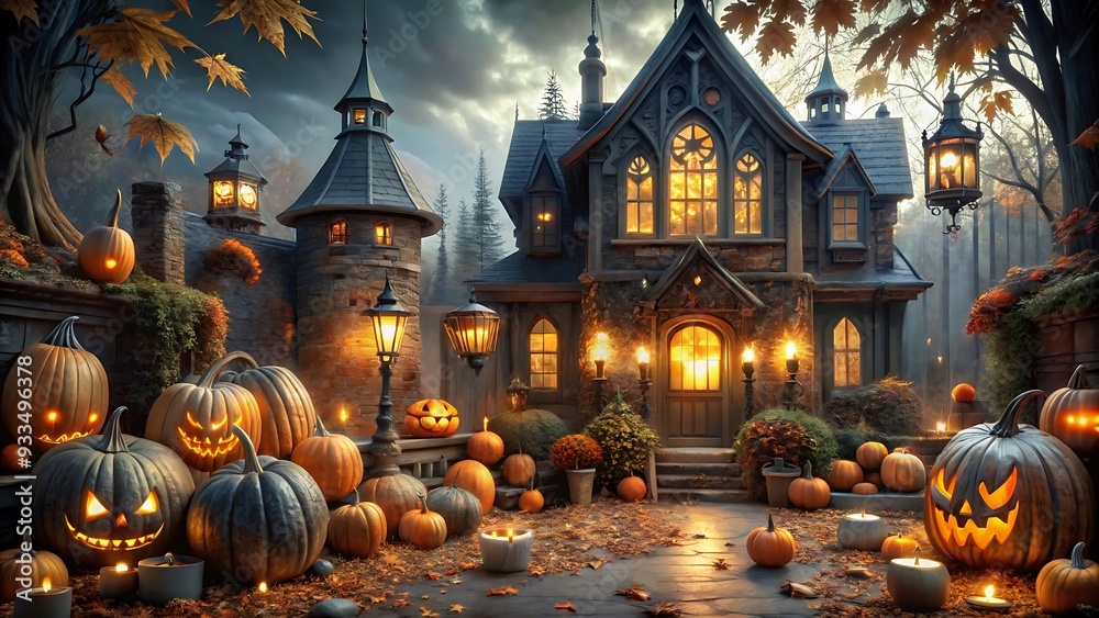 Obraz premium Spooky Halloween scene with a church and a pumpkin at night.