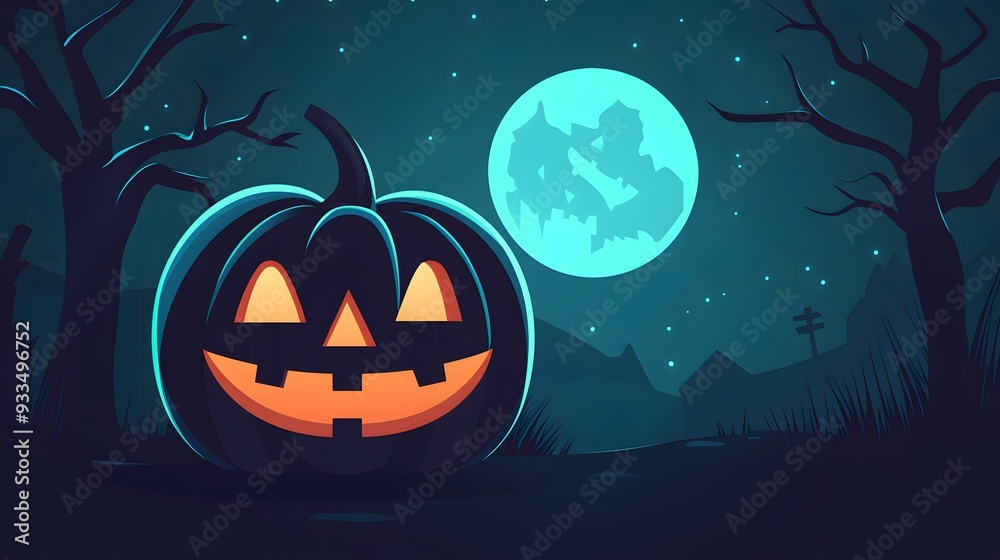 A spooky jack-o-lantern glows under a full moon in a dark, mysterious forest. Perfect for Halloween designs. A spooky jack-o-lantern glows under a full moon in a dark, mysterious forest. Perfect for Halloween designs.