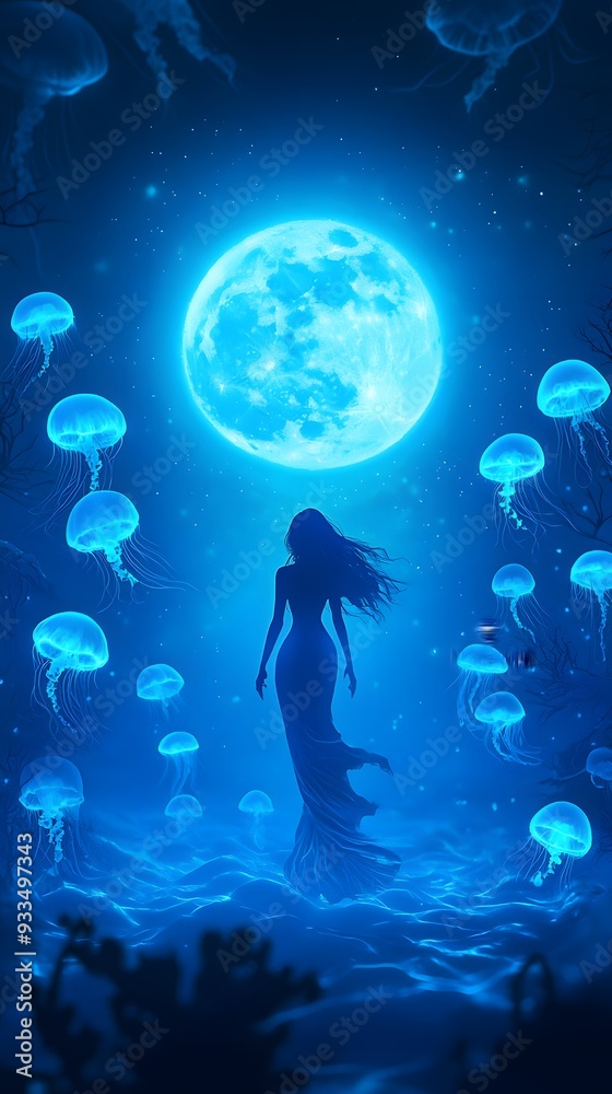 Obraz premium A woman stands in the ocean illuminated by a glowing moon as jellyfish float around her.