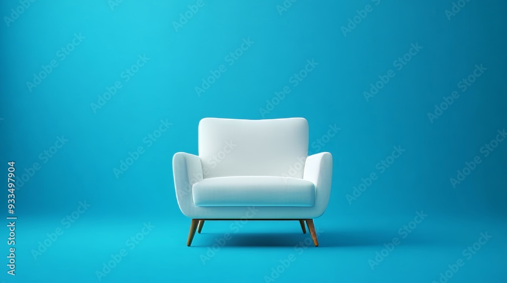 A white couch sits in front of a blue wall A white couch sits in front of a blue wall