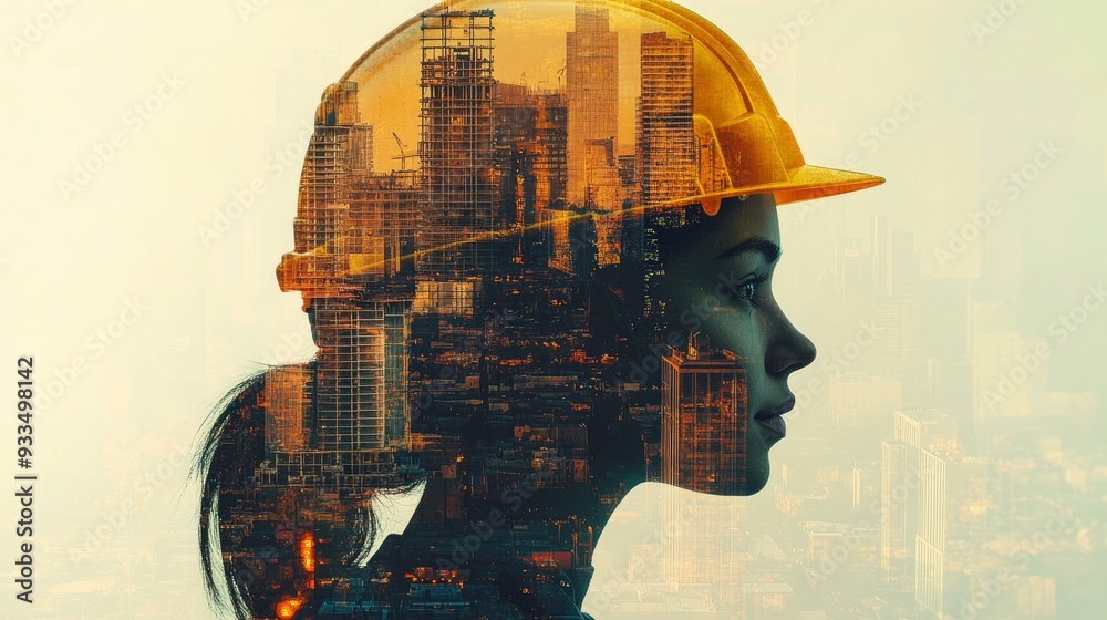 Collage silhouette of a woman in profile in a yellow helmet, in a silhouette image of buildings under construction. with generative ai Collage silhouette of a woman in profile in a yellow helmet, in a silhouette image of buildings under construction. with generative ai