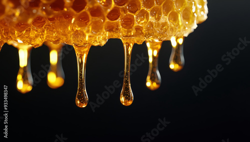 Honey dripping from honeycomb on black background