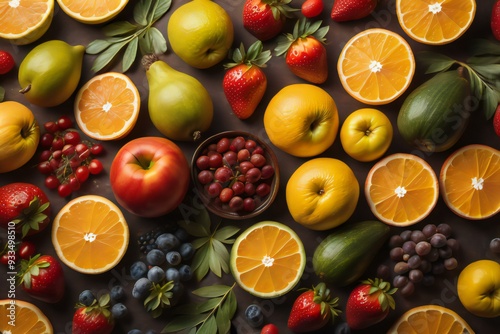 Fruits and vegetables on brown background. Top view, flat lay. ai generated