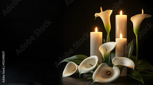 The image depicts a solemn scene with white calla lilies and lit candles. photo