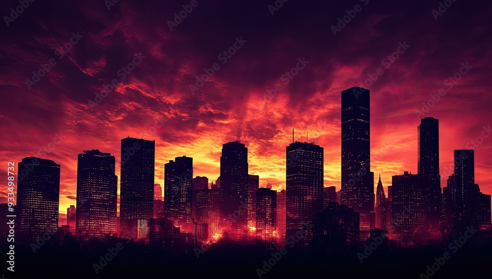 Silhouetted cityscape with fiery sunset sky. Silhouetted cityscape with fiery sunset sky.