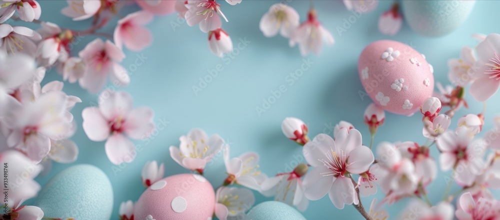 Decorative Easter eggs surrounded by pink blossoms on a blue background, creating a festive springtime scene. Decorative Easter eggs surrounded by pink blossoms on a blue background, creating a festive springtime scene.