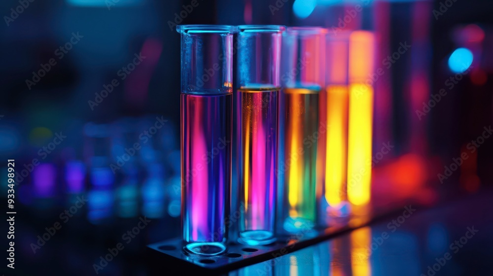 Colorful test tubes with glowing liquids on a lab bench at night Colorful test tubes with glowing liquids on a lab bench at night