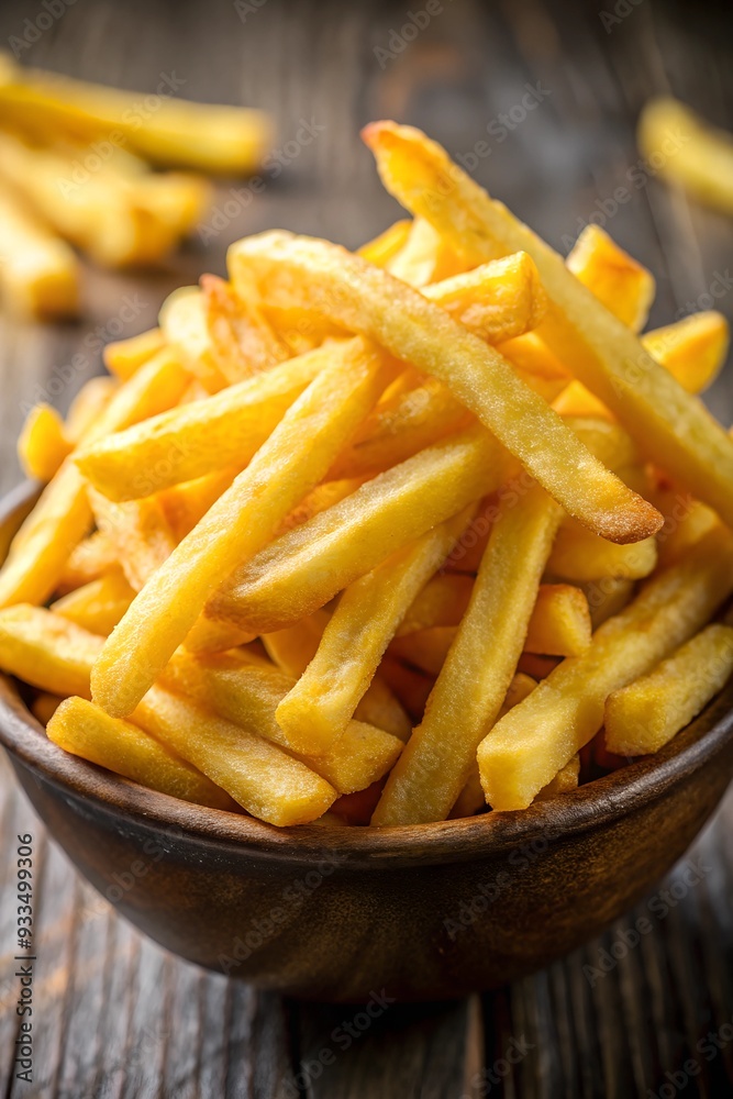 Crispy Golden French Fries in Wooden Bowl on Rustic Table Crispy Golden French Fries in Wooden Bowl on Rustic Table