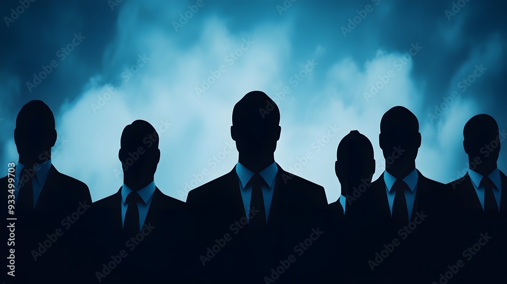 Silhouettes of men in suits stand before a smoky, blue background. The men are faceless and mysterious, creating an air of secrecy and intrigue. Silhouettes of men in suits stand before a smoky, blue background. The men are faceless and mysterious, creating an air of secrecy and intrigue.