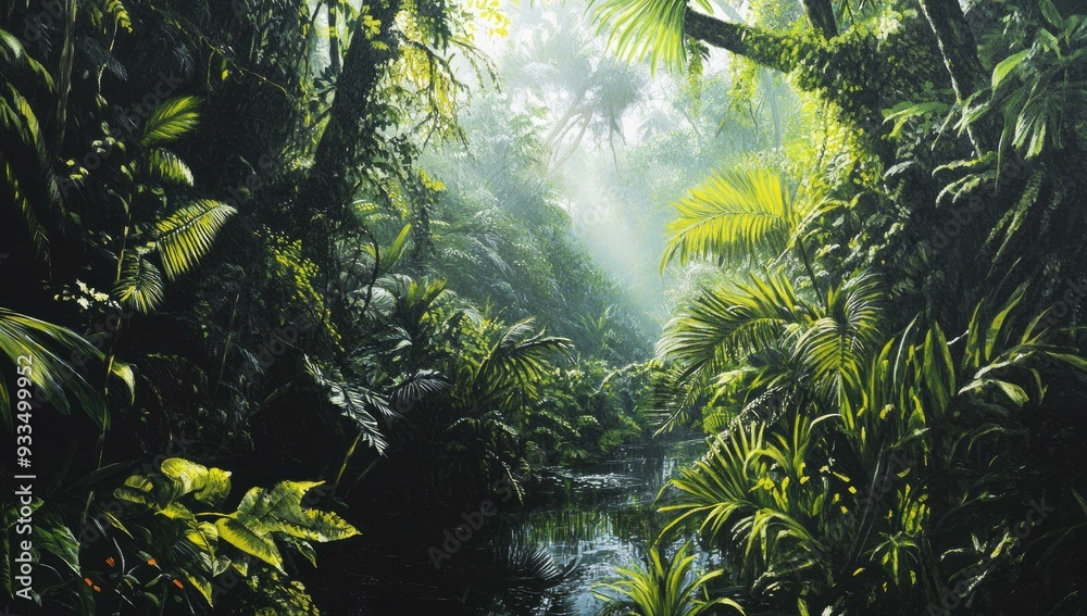 Obraz premium Lush green jungle with a stream.