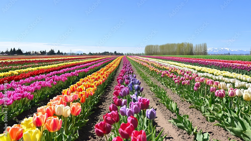 Expansive Field of Vibrant Tulips in Full Bloom, Stretching to the Horizon Under a Bright Sunny Sky. AI generated illustration Expansive Field of Vibrant Tulips in Full Bloom, Stretching to the Horizon Under a Bright Sunny Sky. AI generated illustration