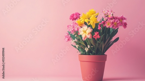 Bright flower bouquet in a pot, centered on a one-color background, perfect for designs needing clean and simple imagery.