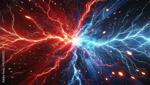 赤と青の雷. バーサス背景. Red and blue lightning. Versus background. AI generated.