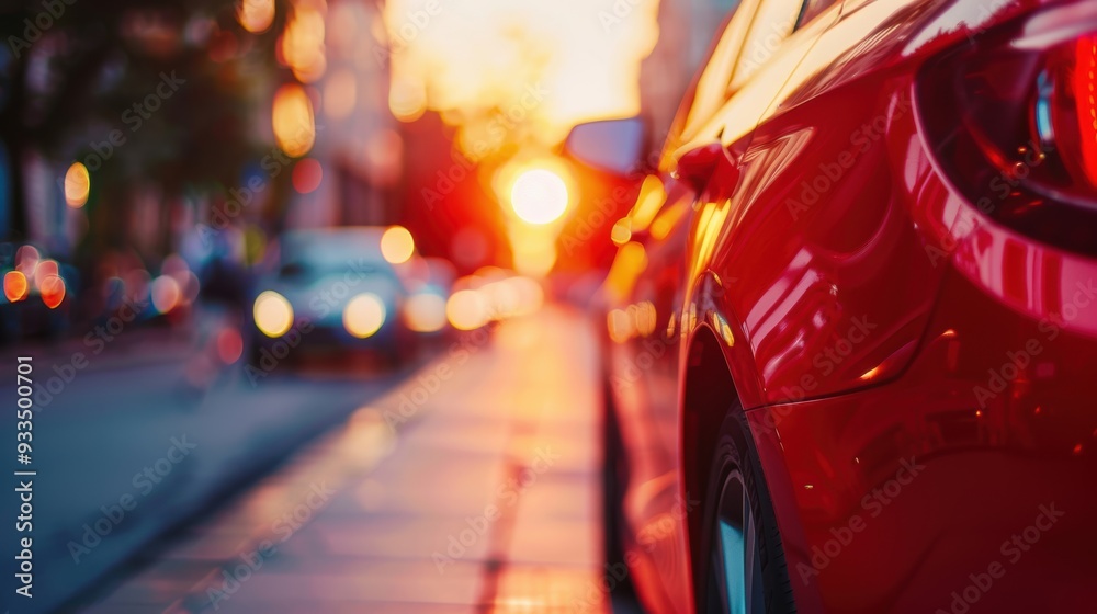 A vibrant red car is parked on a city street at sunset, capturing the urban atmosphere with glowing lights and reflections. A vibrant red car is parked on a city street at sunset, capturing the urban atmosphere with glowing lights and reflections.