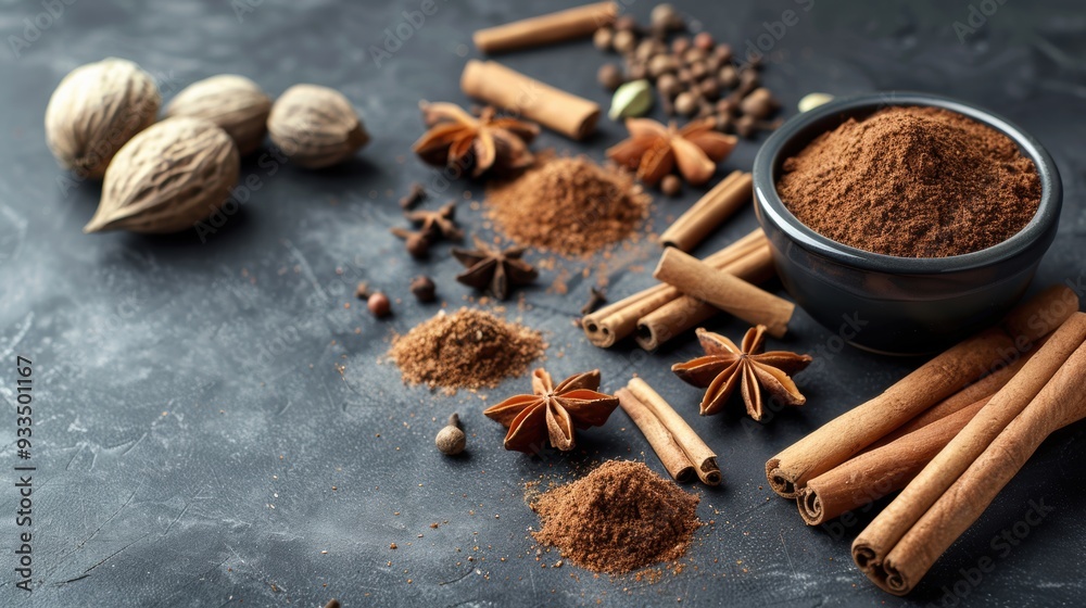 A collection of various autumn spices, including cinnamon, nutmeg, and star anise, arranged on a dark textured background. A collection of various autumn spices, including cinnamon, nutmeg, and star anise, arranged on a dark textured background.