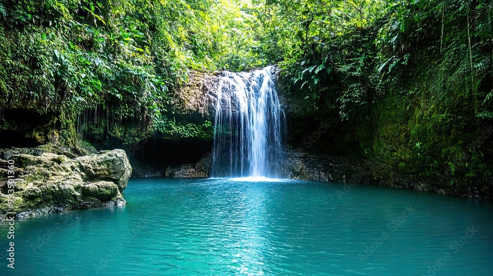 Secluded Waterfall Cascading into a Tranquil Pool Surrounded by Lush Tropical Foliage. AI generated illustration Secluded Waterfall Cascading into a Tranquil Pool Surrounded by Lush Tropical Foliage. AI generated illustration