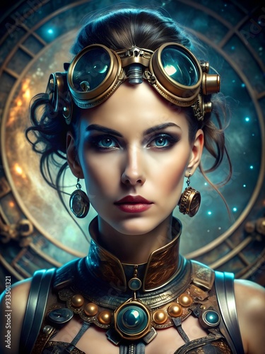 futuristic fashion steampunk style, portrain of beautiful woman. futuristic ambiencem sci fi detailed scene